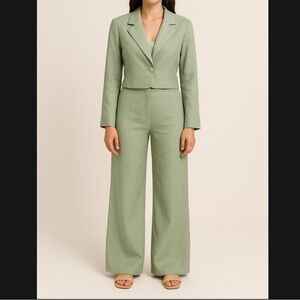 Abercrombie & Fitch Linen Blend Crop Jacket & Wide Leg Pants Suit Mint Green L